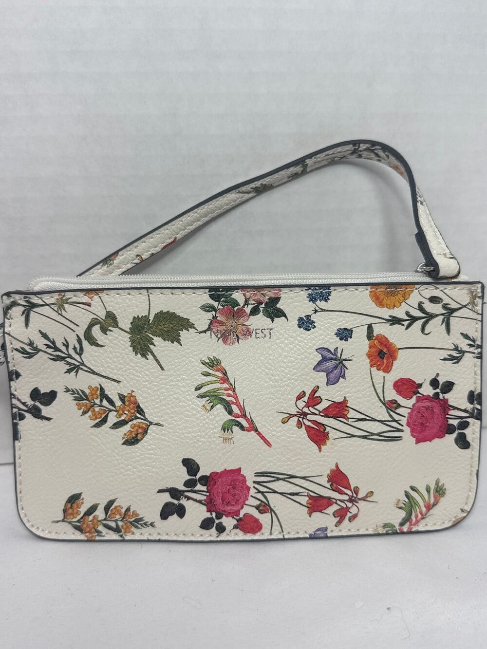 Nine West Floral Print Wristlet Purse Ivory Multicolor Zip Clutch Handbag 7x4